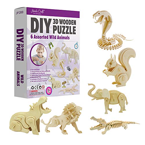 Hands Craft DIY 3D Wooden Puzzle – 6 Assorted Wild Animals Bundle Pack Set Brain Teaser Puzzles Educational STEM Toy Adults and Kids to Build Safe and Non-Toxic Easy Punch Out Premium Wood JP2B8 - color: Wild Animals