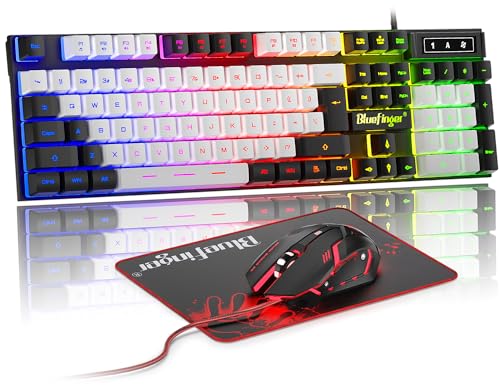 BlueFinger RGB Gaming Keyboard and Backlit Mouse Combo, USB Wired, LED Gaming Set for Laptop PC Computer Game and Work (Black & White) - color: Black & White