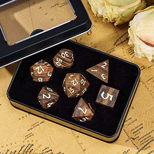 Wood DND Dice Set 7PCS Brown Wooden Dice Set for D&D Tabletop Games | Iron Box, DM Gift, for Dungeons and Dragons Role Playing Games - color: Brown Black Striped