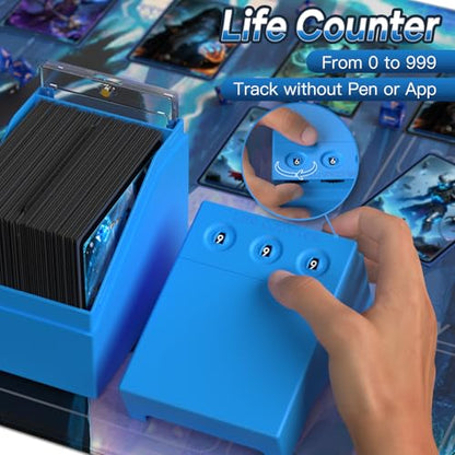 Proijeut Mtg Deck Box with Life Counter, Commander Deck Box Fits 100 Double-Sleeved Cards, Magic Card Storage Box with Commander Display & Dice Tray, Fit for MTG, TCG, CCG (Blue) - color: Blue