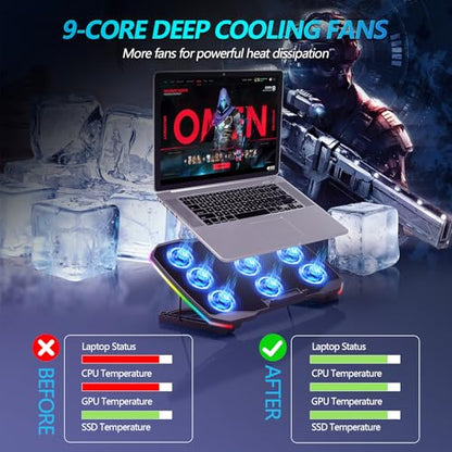 AIMIUZI Laptop Cooling Pad, Gaming Laptop Cooler with 9 Quiet Fans, Laptop Cooling Stand for 12-17 Inch, Laptop Computer Fan with 5 Height Adjustable,2 USB Ports,1 Phone Stand - color: Colorful