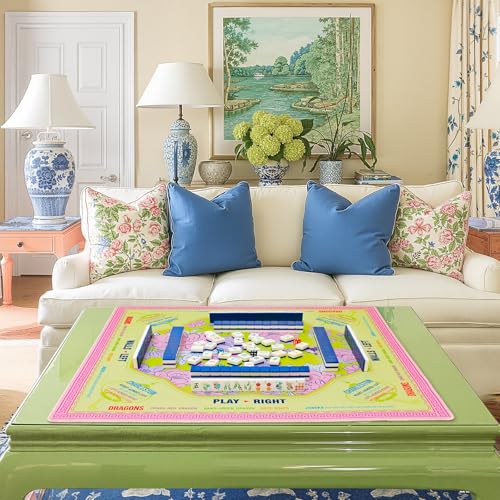 Soulchen Flower Yellow and Pink American Mahjong Mat for Table with Rules, No Creases, Ships Rolled, 31.5 x 31.5 Non-Slip Noise Reduction Gaming Mat with Carrying Bag for Poker Card Board - color: Yellow and Pink