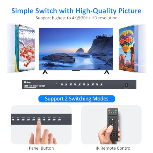 4K HDMI Multiviewer 16x1, 4K@30Hz Seamless HDMI Switcher 16 in 1 Out w/IR Remote, Multiple Display Modes for Laptops/PC/Set-up Box/Security Camera/PS5 - size: 4K30Hz 16x1