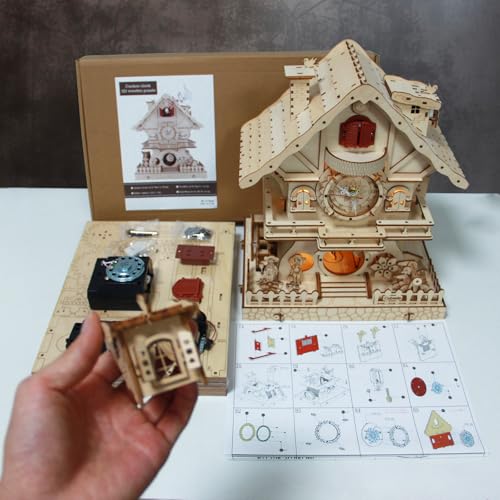 Cuberie 3D Wooden Puzzles Cuckoo Clock - DIY Model Kits for Adults with Music Box, Wood Building Project for Home Decor, Creative Gift for Teens (Age 14+)