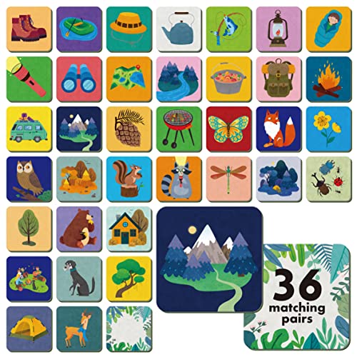 Hebayy Memory Matching Game, 72 PCS Camping Theme Matching Cards for Toddlers 36 Designs Memory Cards Educational Learning Toys for Preschool 4 5 6 Years Old - style: Camping Theme