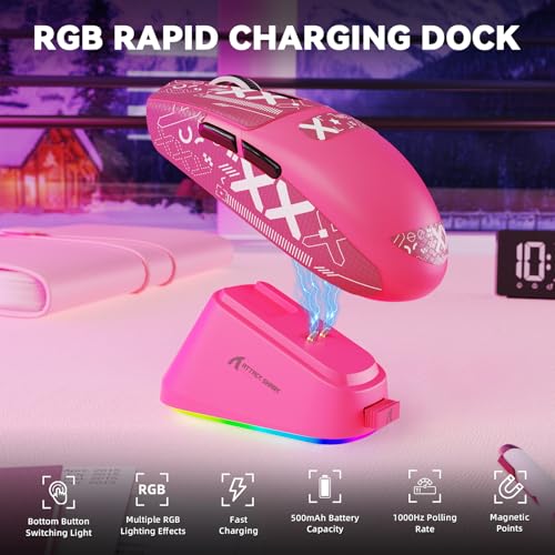 MAMBASNAKE ATTACK SHARK G3PRO Wireless Gaming Mouse with RGB Magnetic Charging Dock,Tri-Mode-2.4G/USB-C Wired/BT, 25K DPI,PAW3311 Optical Sensor,59g Ultra Lightweight,Slip Grip Tape for PC/Mac(Red) - color: Red & Griptape