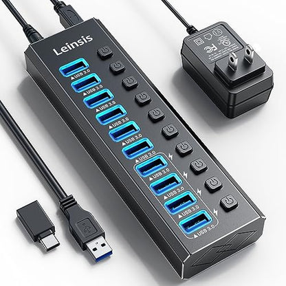 Powered USB Hub 3.0, Leinsis 10-Port USB 3.0 Hub [Durable Aluminum] 10 Data Transfer Ports+ 4 Smart Charging Ports with Individual On/Off Switches, USB Hub 3.0 Powered with Power Adapter for Laptop PC - size: 10-Port USB 3.0 Hub