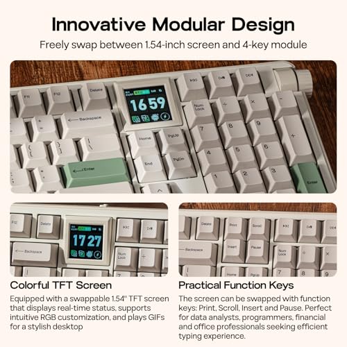 EPOMAKER RT100 PRO Wireless Gaming Keyboard with 1.54" Screen&Knob, RGB | 2.4Ghz/BT/USB-C, Hot Swap, 5000mAh, PBT Keycap, Custom Driver, Retro Mechanical Keyboard for Win/Mac (White, Creamy Jade) - size: Creamy Jade