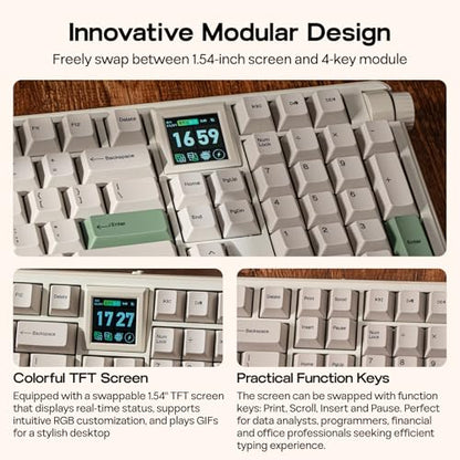EPOMAKER RT100 PRO Wireless Gaming Keyboard with 1.54" Screen&Knob, RGB | 2.4Ghz/BT/USB-C, Hot Swap, 5000mAh, PBT Keycap, Custom Driver, Retro Mechanical Keyboard for Win/Mac (White, Creamy Jade) - size: Creamy Jade