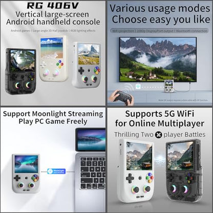 RG406V Handheld Game Console RG 406V 4-inch IPS Multi-touch Screen No Card Retro Game Console Android 13 Retro Emulator RG406V 5500mAh Battery 1080p DP Output WIFI Bluetooth Gray - style: Gray