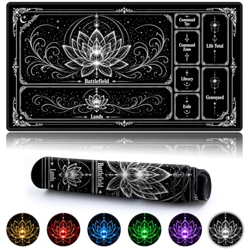 Playmat for MTG with Zones, 24 x 14 Inch Card Game Mat, Stitched Edges, Non Slip Rubber Base, 2mm Washable Play Mat with Storage Bag, Lotus Flower Design, White Color - color: White