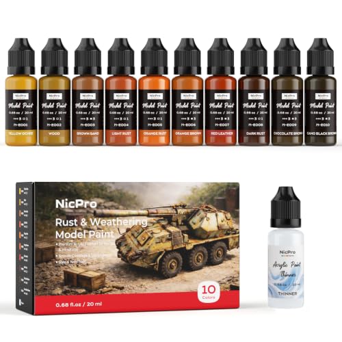 Nicpro 10 Colors Rust & Weathering Model Paint Set, 20ml Modeling Acrylic Paints, Brush & Airbrush Compatible, Miniature Paint Set for Model, Vehicle, Terrain, Dioramas & 3D Prints, with 1 Thinner - style: Rust & Weathering