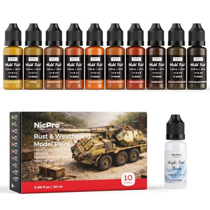 Nicpro 10 Colors Rust & Weathering Model Paint Set, 20ml Modeling Acrylic Paints, Brush & Airbrush Compatible, Miniature Paint Set for Model, Vehicle, Terrain, Dioramas & 3D Prints, with 1 Thinner - style: Rust & Weathering