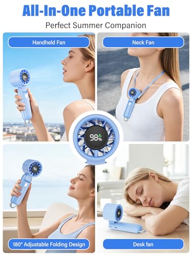 AI Handheld Fan Turbo, 100-Speed Portable Fan Rechargeable, Mini Fan with 12800 RPM Strong Airflow, Foldable 4-in-1 Personal Fan for Travel, Camping, Beach & Office, USB-C & Lightweight & Quiet - color: Blue