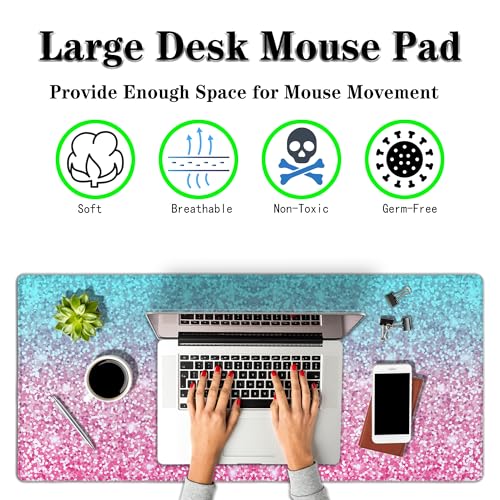 Gaming Mouse Pad Office Desk Mat, Extra Large Pink Glitter Pad for Women, Waterproof Non-Slip Rubber Base, 35.4 X 15.7 in for Work/Game/Office - color: Glitter Pink