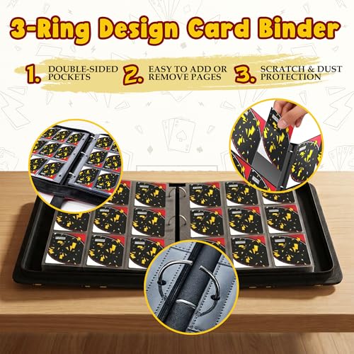 Card Binder for Pokemon Cards, 9 Pocket Trading Card Binder Holds 900 Cards with 50 Removable Sleeves, 3 Ring Zipper Card Holder Album Book Case for TCG, MTG, Sports Cards Collection, Boys Girls - color: Black