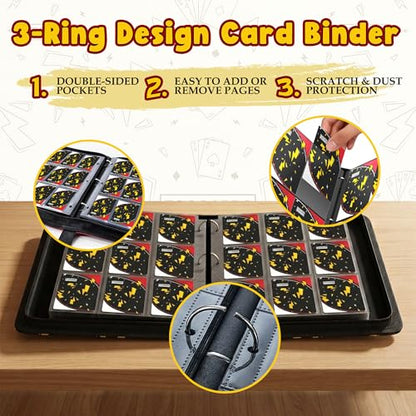 Card Binder for Pokemon Cards, 9 Pocket Trading Card Binder Holds 900 Cards with 50 Removable Sleeves, 3 Ring Zipper Card Holder Album Book Case for TCG, MTG, Sports Cards Collection, Boys Girls - color: Black