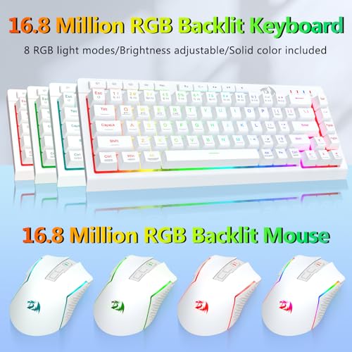 Redragon Wireless Gaming Keyboard and Mouse Combo, 60% Portable, White | Bluetooth/2.4G/USB-C Wired, RGB Backlit, Quiet Rechargeable Macro Membrane Keyboard & 12800 DPI Mouse for Win/MAC - color: White Combo