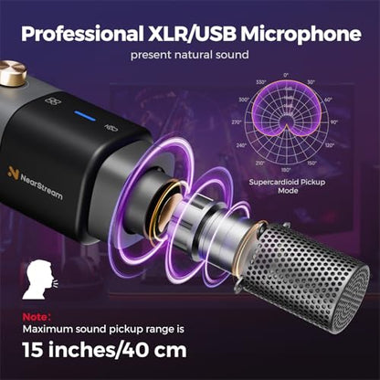 NearStream AM20X Podcast Microphone with Boom Arm, USB/XLR Condenser Microphone for Podcasting/Streaming/Gaming/Record, PC and Audio Mixer, AI Noise Canceling, Gain Control, Sound Monitoring, Mute