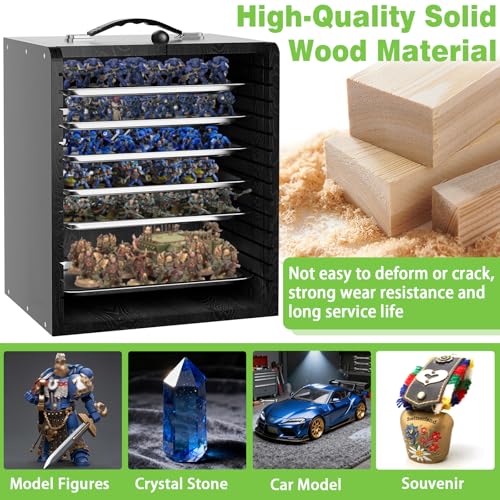 Miniature Storage Case for Collectibles Miniatures, Wooden Display Cases with 6 Trays, Miniature Display Case Miniatures Transport Case (Black) - color: Black
