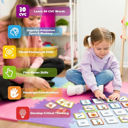Aizweb CVC Word Match Game - 60 Pc Toddler Card Games for Kids Ages 3-6, Phonics Flash Cards for Preschool & Kindergarten Learning Activities, Educational Toys for Home School Supplies - style: CVC Words