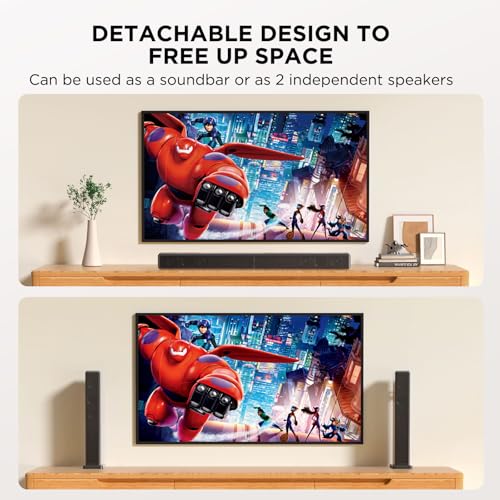 2.0 ch 100W Sound Bar for Smart TV, 2-in-1 Detachable Bluetooth 5.3 Speaker with 3 EQ Modes & Adjustable Bass - Home Theater Audio for Movies, Gaming, Music