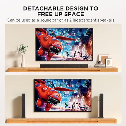2.0 ch 100W Sound Bar for Smart TV, 2-in-1 Detachable Bluetooth 5.3 Speaker with 3 EQ Modes & Adjustable Bass - Home Theater Audio for Movies, Gaming, Music