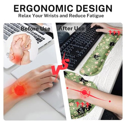 Arttown Cute Black Cat Desk Mat Pink Flower Green Leaves Mouse Pad Set 4 in 1 Ergonomic Design Large Desk Pad + Keyboard Wrist Rest + Mouse Wrist Rest + Coaster Suitable for Home Office Study Game - color: Black Cats