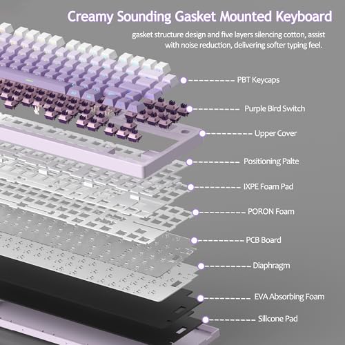 MageGee LIGHT75 Wireless Creamy Keyboard, Tri-Mode Bluetooth/2.4GHz/USB-C RGB Backlit, Gasket Hot Swappable Custom Gaming Keyboard for Win/Mac/PC, with Knob, Side Printed PBT Keycaps, Purple - color: White Purple/Purple Bird Switch