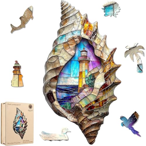 Delobil Wooden Puzzles, Shell Landscape Jigsaw Puzzles 500 Pieces, Unique Shaped Wooden Puzzle for Adults and Kids, Ghristmas Gift Family Game 23.2 x 13.2 Inch - color: Shell Landscape 01, size: 500Pcs