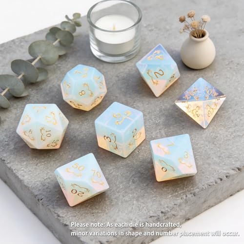 Haxtec Opal Gemstone Dice Polyhedral DND Dice Set with Premium Dice Case Compatible with Dungeons and Dragons Role Playing Board Games D&D Gift - color: White Gold- Opal Grass