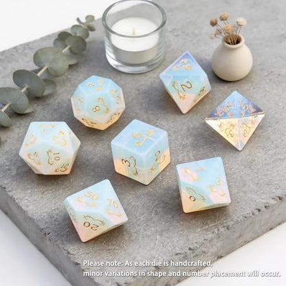 Haxtec Opal Gemstone Dice Polyhedral DND Dice Set with Premium Dice Case Compatible with Dungeons and Dragons Role Playing Board Games D&D Gift - color: White Gold- Opal Grass