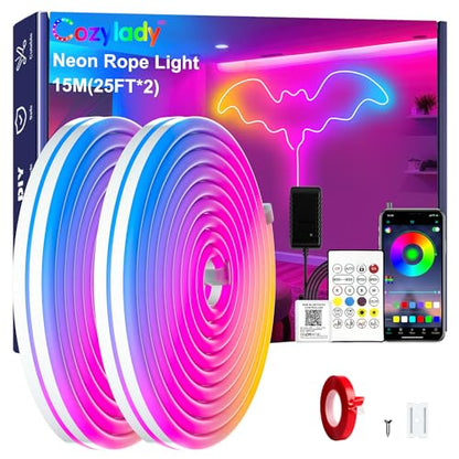 Cozylady RGB Neon Light LED Rope Light,Waterproof Bluetooth APP Remote Control Music Sync Strip Light,24V Flexible DIY Silicone Light for Bedroom Home Indoor Outdoor Decoration - size: 50 ft