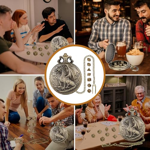 Mini D&D Dice Set with Steampunk Red Dragon Pocket Watch Shell Case, Tiny 7pcs Polyhedral Metal DND Dice, Gift Set with Leather Bag, RPG Accessories, DND Starter Set, Bronze - color: Red Dragon