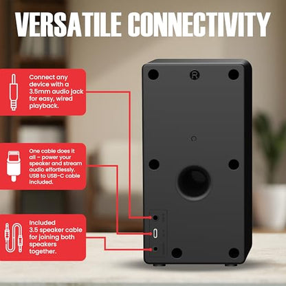 Audiosource Desktop PC Speakers with Bluetooth 5.3, USB-C Plug & Play, 2.0 Stereo Computer Speakers with Dual 2" Drivers, Compact Design, AUX Input, LED Indicator (Black) - color: Black