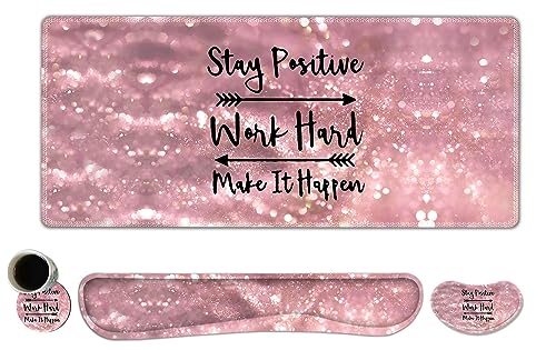 ToLuLu Extended Gaming Mouse Pad, Memory Foam Ergonomic Keyboard Mouse Wrist Rest Support Set, Large Desk Mat with Stitched Edges, Non-Slip Base Mousepad for Home Office Game, Pink Stay Positive - color: Pink Stay Positive