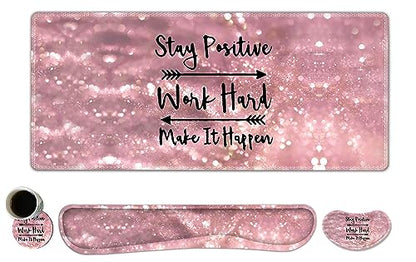 ToLuLu Extended Gaming Mouse Pad, Memory Foam Ergonomic Keyboard Mouse Wrist Rest Support Set, Large Desk Mat with Stitched Edges, Non-Slip Base Mousepad for Home Office Game, Pink Stay Positive - color: Pink Stay Positive