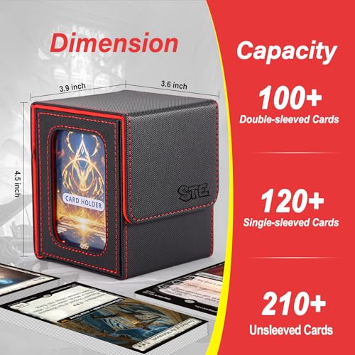 MTG Deck Box, Double Display Window, Commander Deck Box Fits 120+ Single Sleeved Cards, PU Leather Magnetic Closure Card Box with 2 Dividers&2 Toploaders for TCG, CCG, Black/Red - color: Black/Red, size: 1 pack