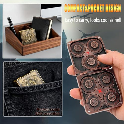 Metal DND Dice Set 7-in-1 D4-D20 3D Dragon Case Leather Bag Copper | 7 in 1 metal polyhedral dice. D4-D20 dnd spinner. 3D dragon case. Leather storage bag. Zinc alloy. DND RPG TTRPG gift. - color: Ancient Coper
