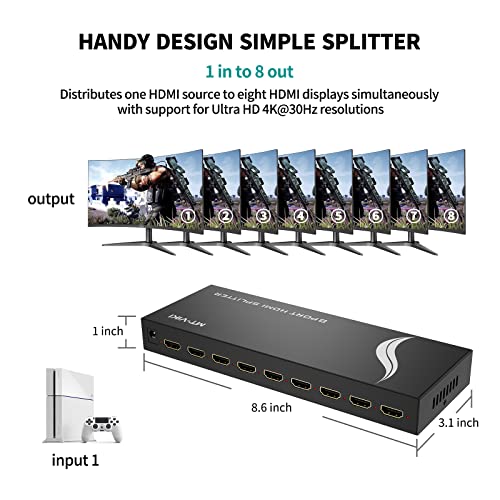 MT-VIKI HDMI Splitter 1 in 8 Out, Powered 8 Port HDMI Signal Duplicator Supports 4K@30Hz, Long Distance Transmission for Conference Room, Church,Classroom, Retail Display - size: 1x8 4K30