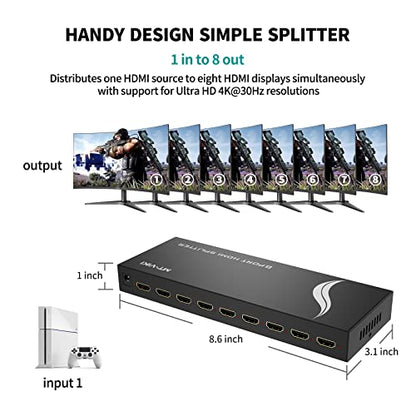MT-VIKI HDMI Splitter 1 in 8 Out, Powered 8 Port HDMI Signal Duplicator Supports 4K@30Hz, Long Distance Transmission for Conference Room, Church,Classroom, Retail Display - size: 1x8 4K30