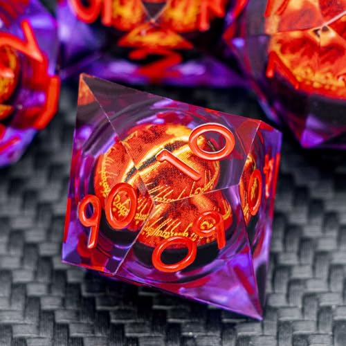 ARUOHHA DND Resin Dice Gazes Eye Dice Purple Red Liquid Core Flaming RPG Sharp Edged Dice Set with Gift Box, Polyhedral D and D Dice Set Compatible with Dungeons Dragons Role Playing Game D20 D6 - color: Sl01-purple Red