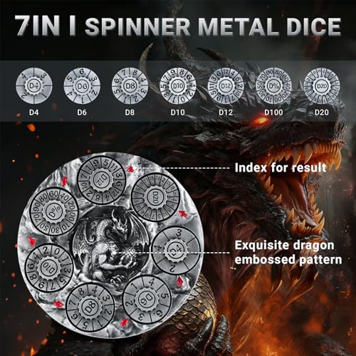 Spinner DND Dice,Metal D&D Dice Set with Gift Box for Role Playing Games | Ideal Present For Gamers DM,Solid Metal Material, Heavy Hand Feel, Wear-Resistant And Long Service Life,Ancient Nickel - color: Ancient Nickel