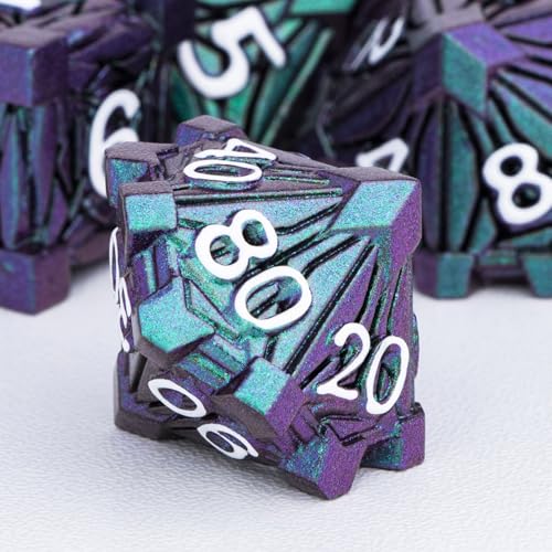 7PCS Metal DND Dice Set with Box, Debris RPG Green Purple D and D Dice for use with D&D Tabletop Games Role Playing Game Polyhedral Dice Set D20 D12 D10 D8 D6 D4 - color: Purple Green&white