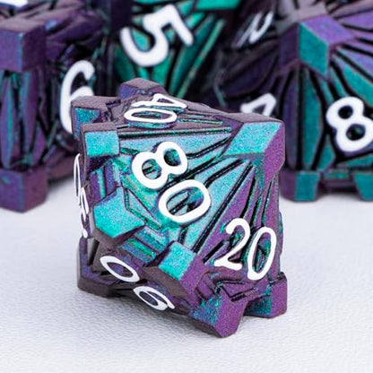 7PCS Metal DND Dice Set with Box, Debris RPG Green Purple D and D Dice for use with D&D Tabletop Games Role Playing Game Polyhedral Dice Set D20 D12 D10 D8 D6 D4 - color: Purple Green&white