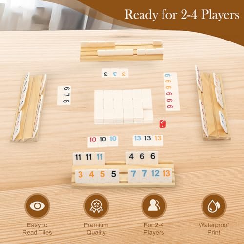 2-4 Players Rummy Game Gifts for Men Women Father Mother, Rummy Game with 4 Wooden Racks, 106 Melamine Tiles, Drawstring Bag, Portable Case, Family Board Games for Adults & Kids Age 8+