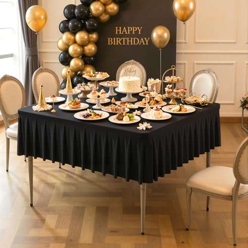 Black Square Tablecloth - 48x48 Inch Stretchy Fitted Small Card Table Cover | with Ruffle Pleated Table Skirt, Wrinkle-Free Spandex Mahjong Table Cover, for Dining, Kitchen, Patio, Banquet & Party Decor - color: Black, size: 48" x 48" (Square-1 Pack)