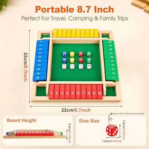 Shut the Box Game, 8.7" Portable Wooden Board Game with Upgraded Mechanics (+, −, +/−, Re-Roll), Math Dice Game for Kids, 2–4 Players, for Classroom, Travel & On-the-Go Play