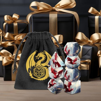 DND Dice Set, Dragon Theme Dice Set, UV Printed, Resin Material, DND Starter Set, 7pcs Polyhedral Dice Set with Dice Bag, Role Playing Board Games Accessories - color: Dragon Style Gift Bag