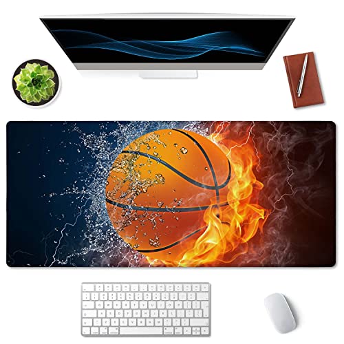 SSOIU Extended Gaming Mouse Pad (35.5x15.7 in), Basketball Ball in Fire and Water Large Non-Slip Rubber Base Mousepad with Stitched Edges, Waterproof Keyboard Mouse Mat Desk Pad for Work, Game, Office - color: Basketball Ball